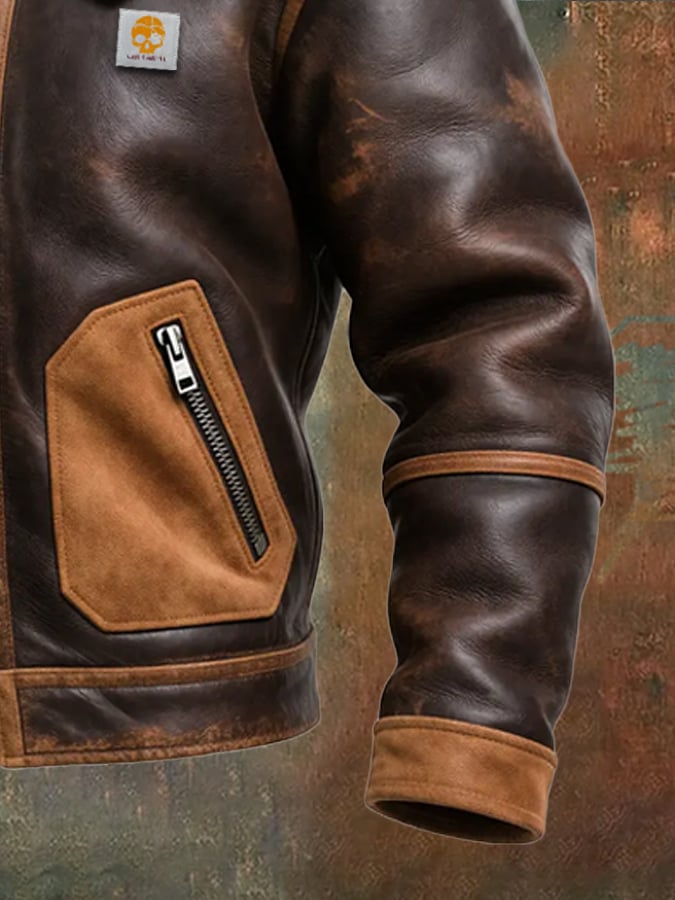 Veste chaude en cuir brun Danoir Paris avec col sherpa, style élégant et confortable, pour homme ou femme.