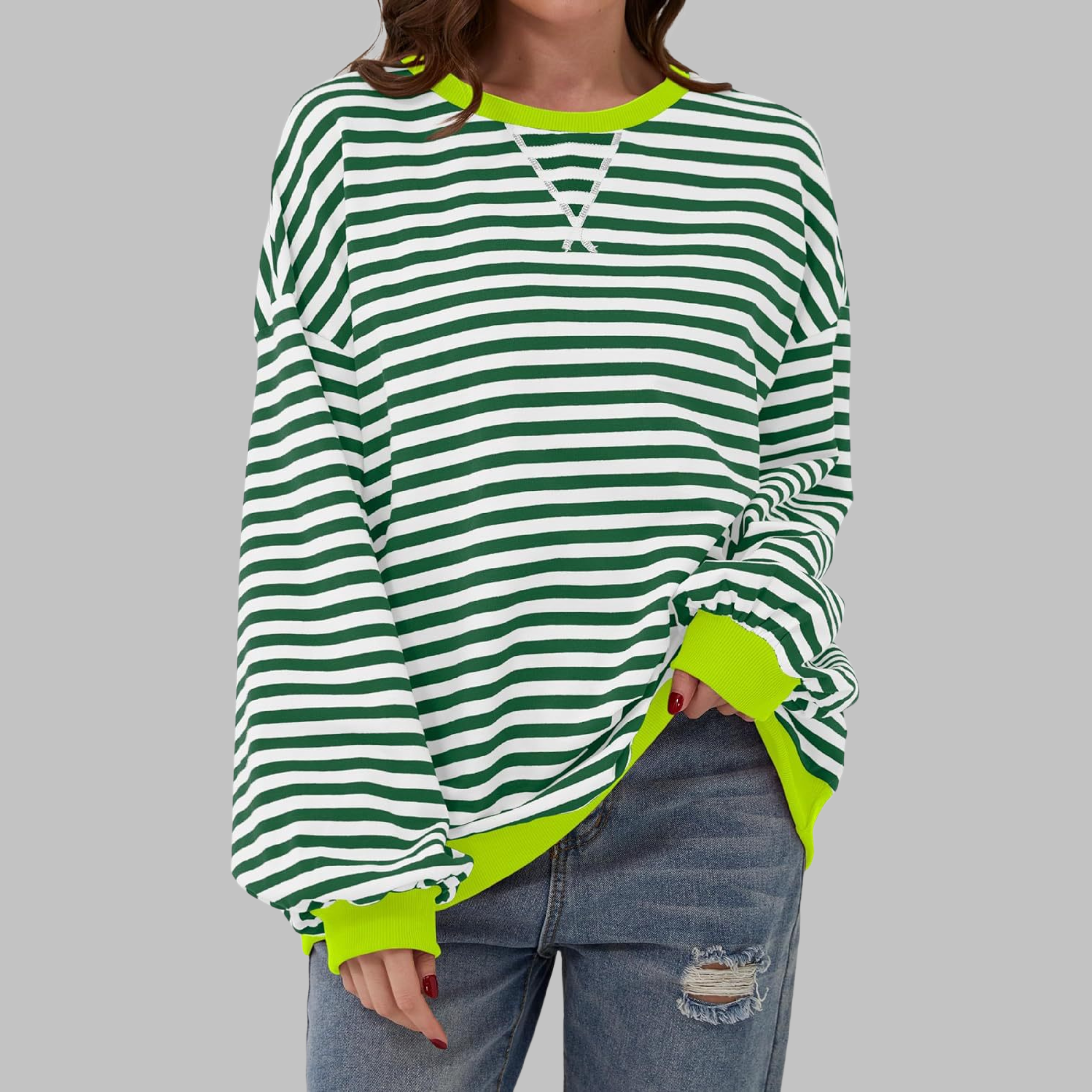Sweat-shirt à manches longues et rond avec rayures roses de la marque Danoir Paris, style décontracté et élégant.