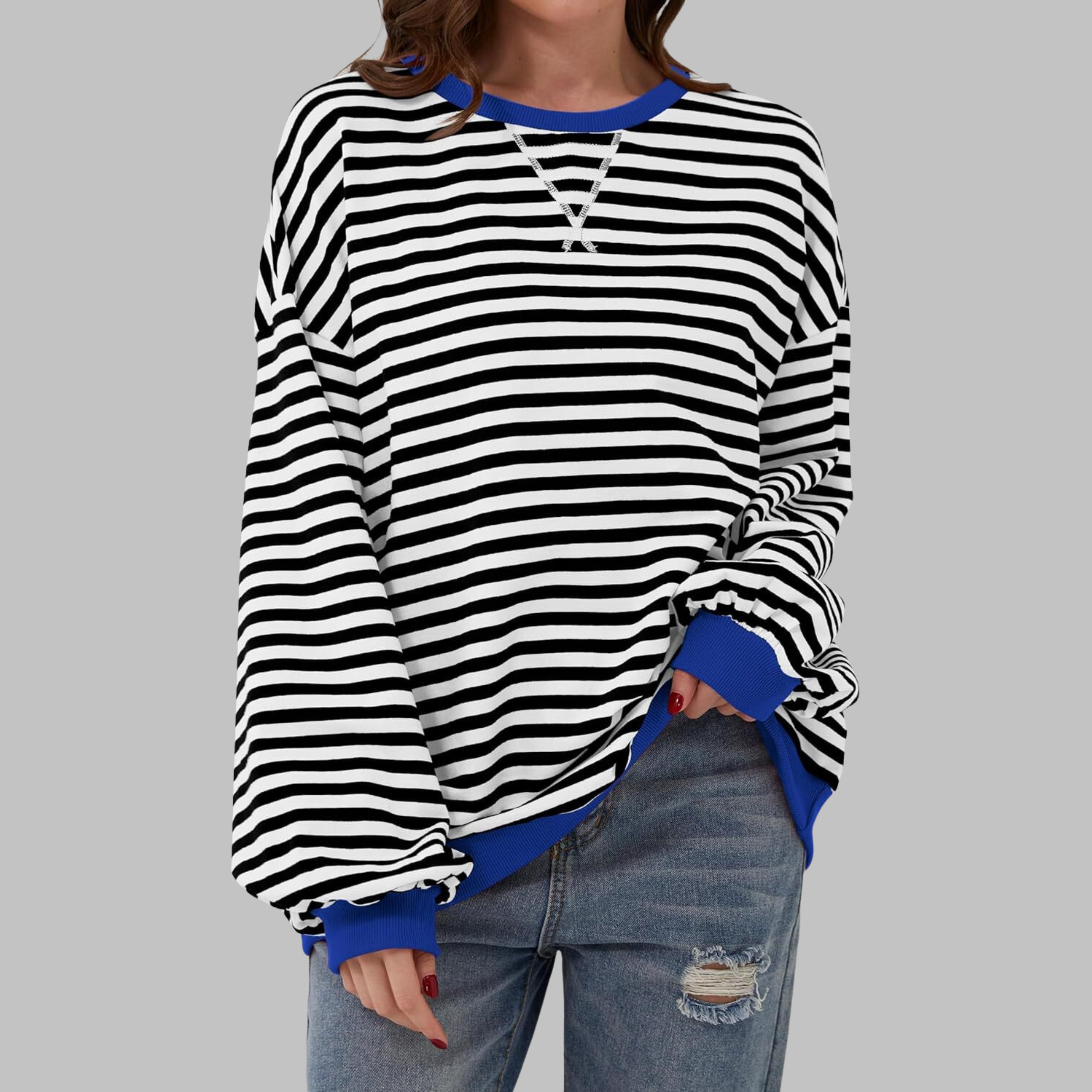 Sweatshirt à manches longues et col rond Danoir Paris Luka, rayures roses, style décontracté pour femmes.