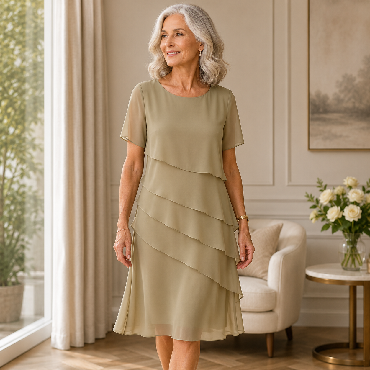 Robe Linda Danoir Paris rose élégante avec volants, parfaite pour une tenue confortable et sophistiquée.
