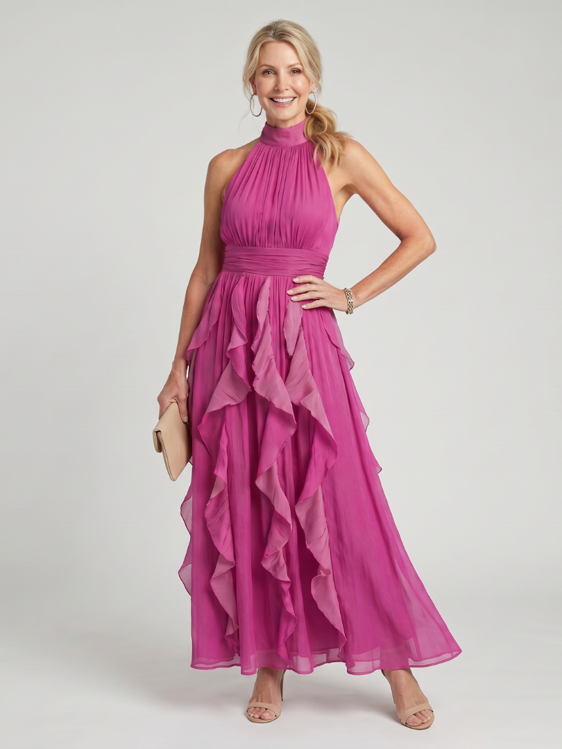 Robe longue rose Danoir Paris Orea avec col haut, volants froncés et couches en layers pour un style élégant et féminin.