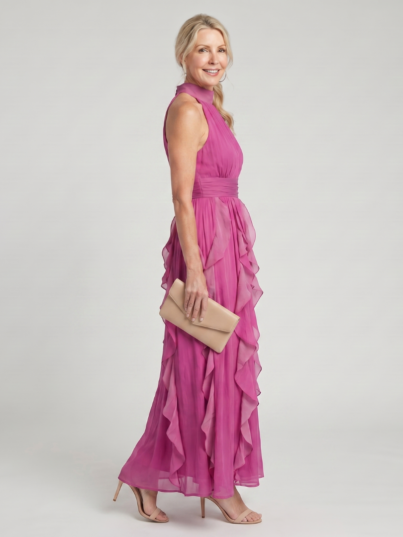 Robe longue rose Danoir Paris Orea avec col haut, volants froncés et couches en layered pour un look élégant et féminin.