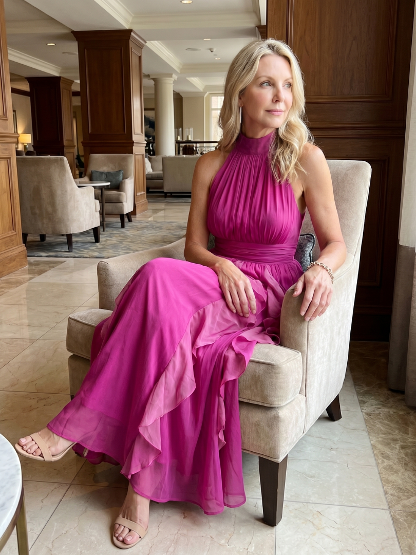 Robe longue rose Danoir Paris Orea avec col montant, volants plissés et superposés pour un look élégant et féminin.