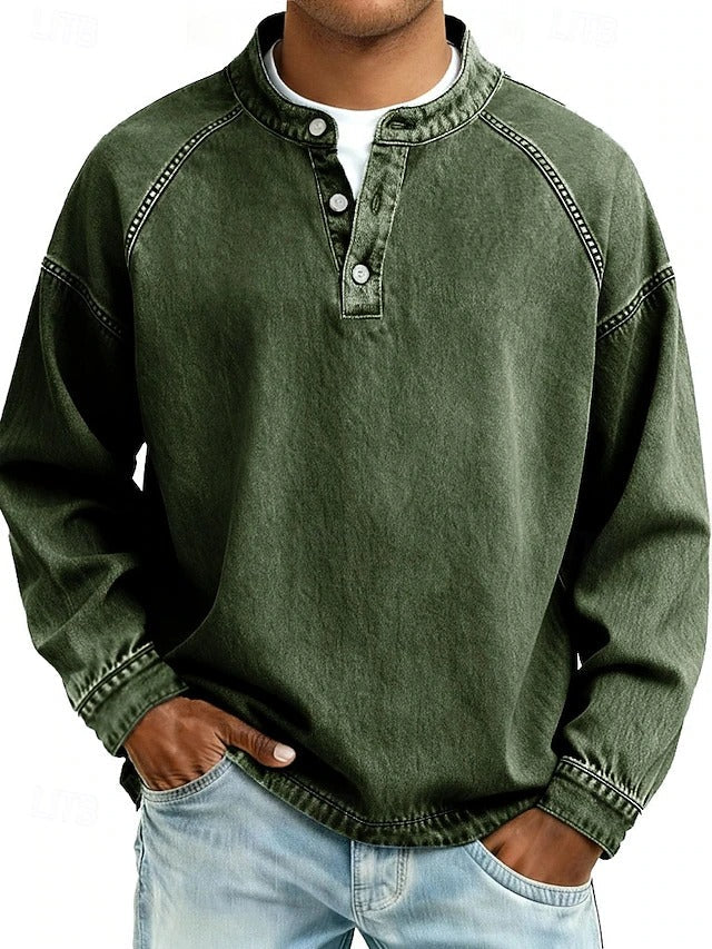 Chemise à manches longues Henley Danoir Paris Amir en tissu lavé violet, élégante et décontractée.
