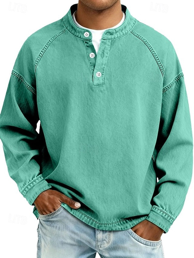 Chemise henley à manches longues Amir washée en violet de Danoir Paris, vue de face.