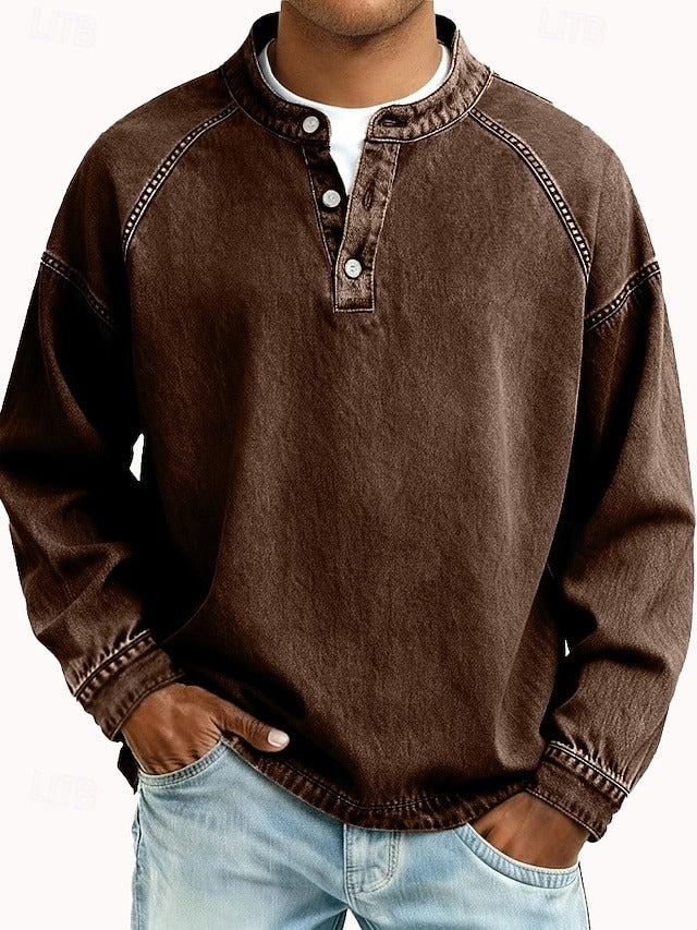 Chemise henley à manches longues Danoir Paris Amir en tissu lavé violet, décontractée et confortable pour homme.