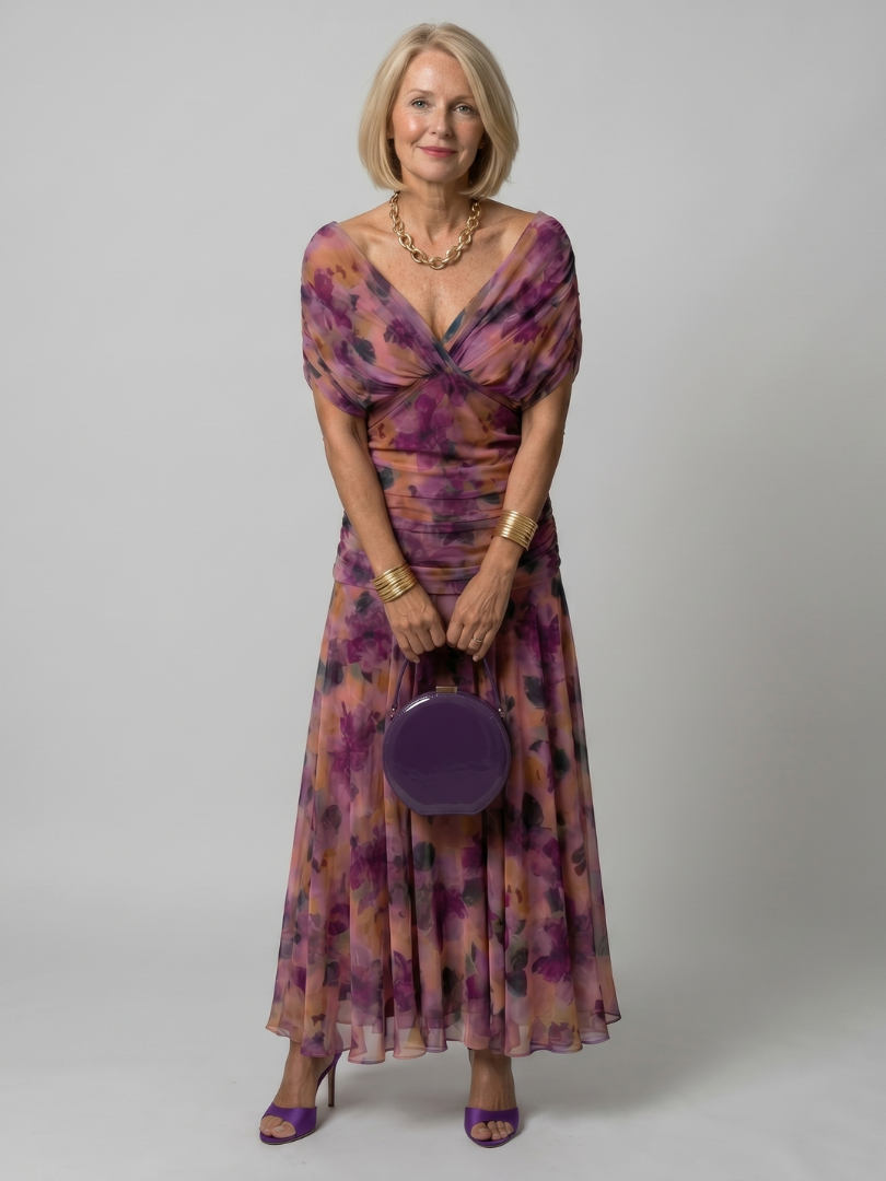 Robe midi fluide violette Danoir Paris, bustier décolleté épaules, style élégant et féminin, portée décontractée ou habillée.