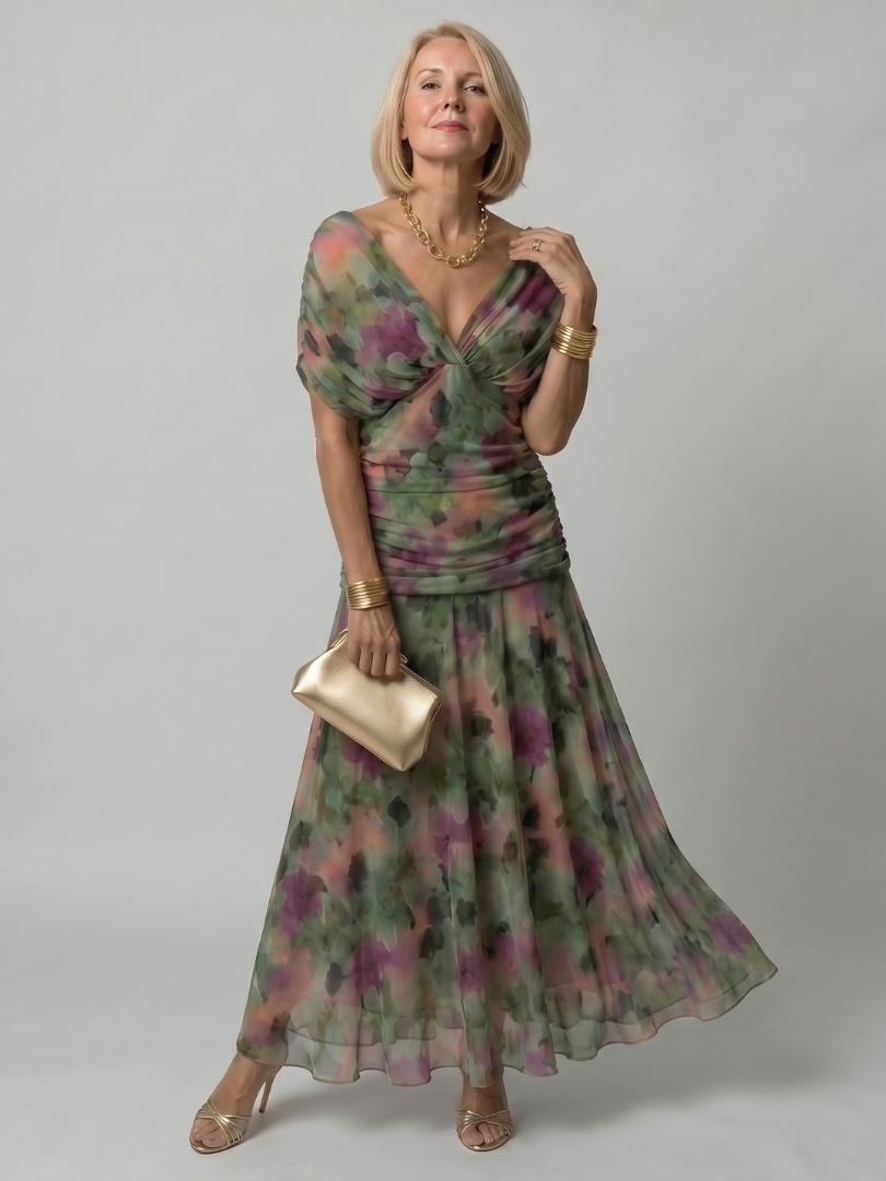 Robe midi fluide Danoir Paris Calen, sans épaules, couleur violette, beau tissu léger, élégante et confortable.