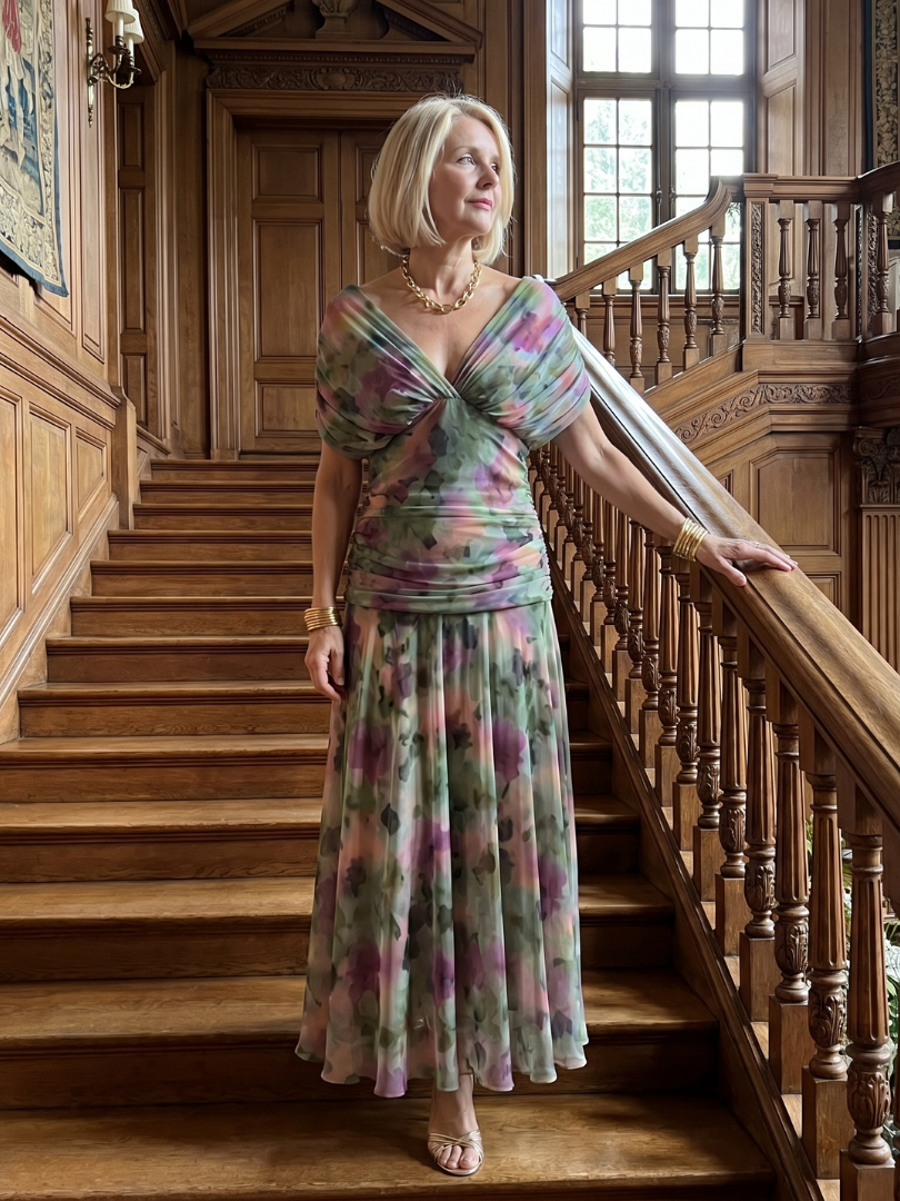 Robe midi fluide Danoir Paris Calen en violet, style épaules dénudées, parfaite pour une allure élégante et féminine.