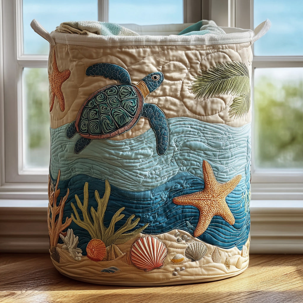 Panier à linge rembourré Danoir Paris Coastal Harmony, petit panier de lessive en tissu quilté avec motif côtier.