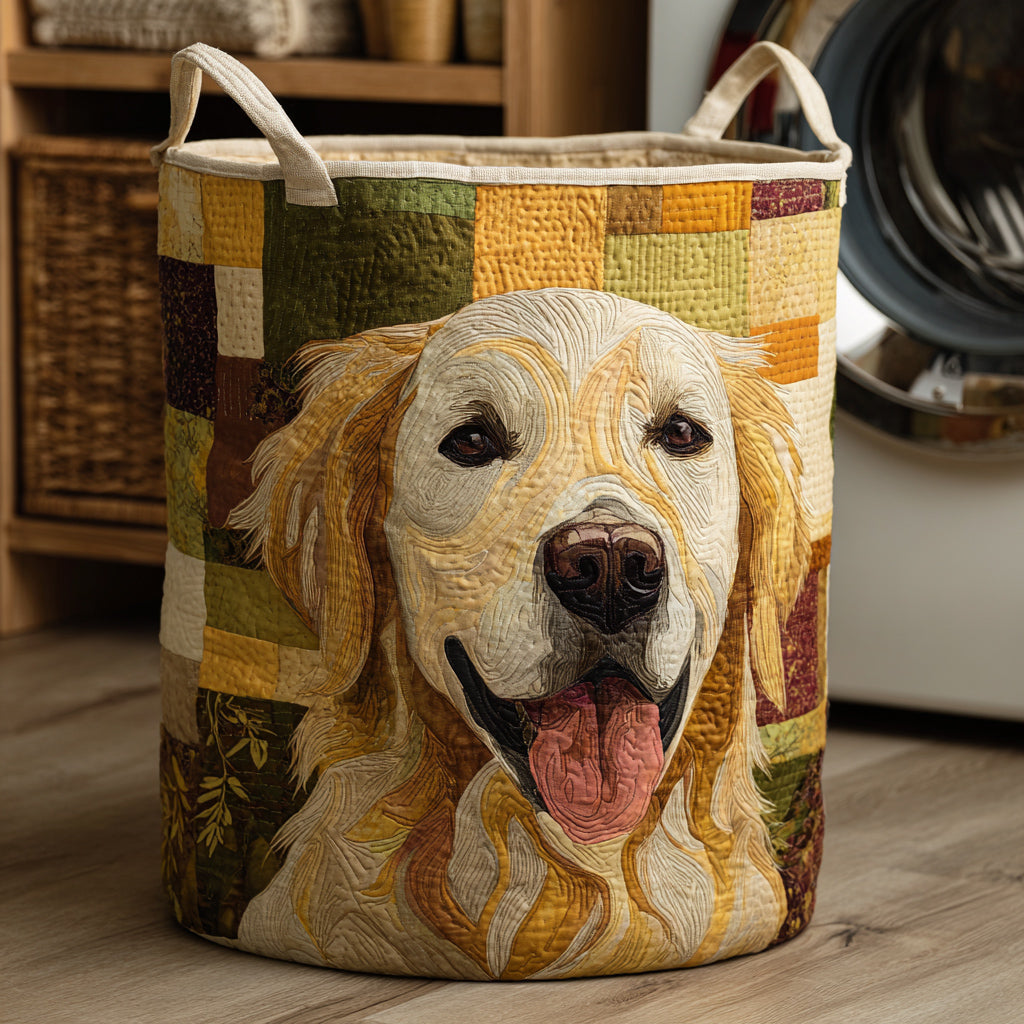 Panier à linge en quilting Danoir Paris avec motif de retriever doré heureux, petit panier à linge pour la maison.