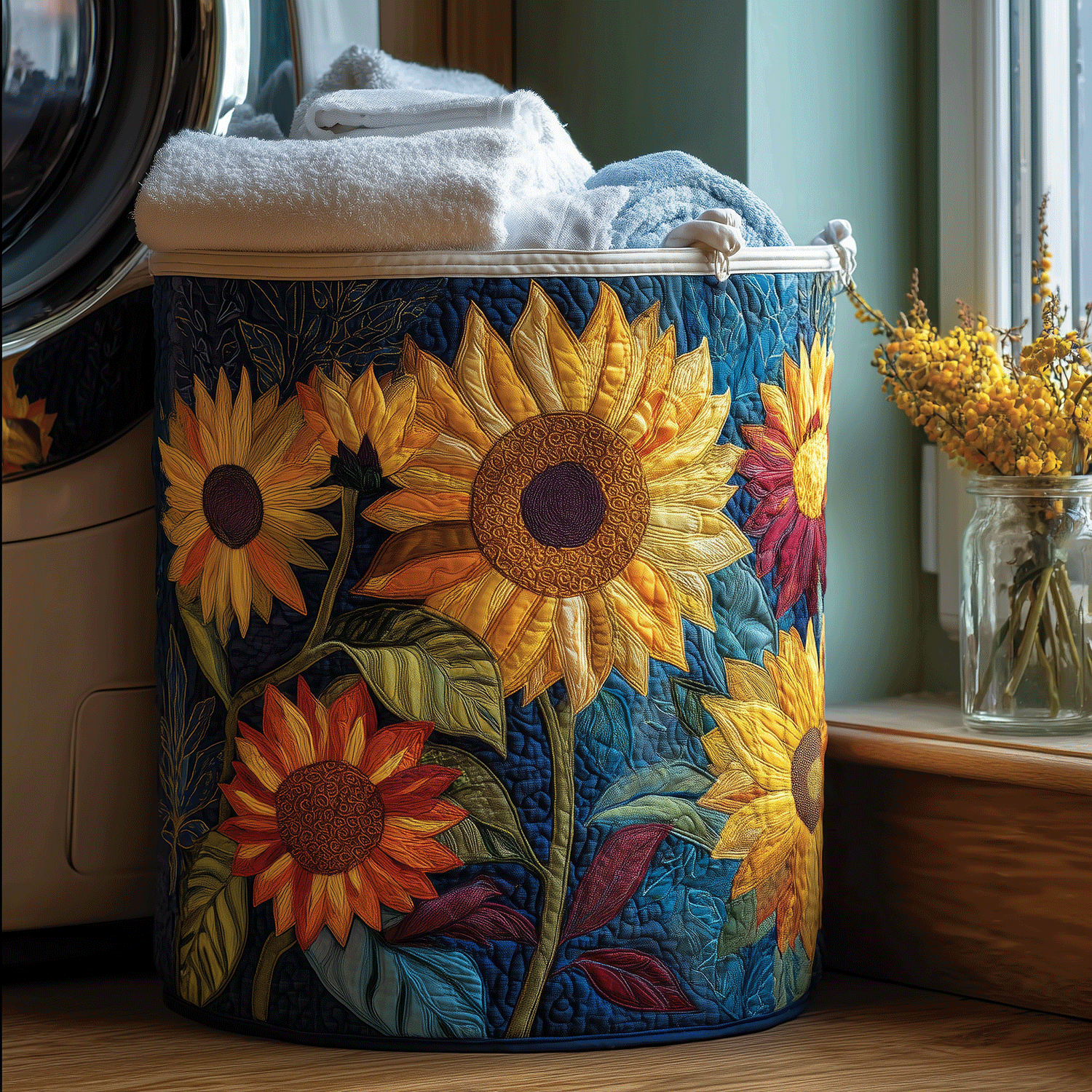 Panier à linge matelassé Danoir Paris Sunshine Floral, petit panier en tissu avec motif floral jaune et blanc.