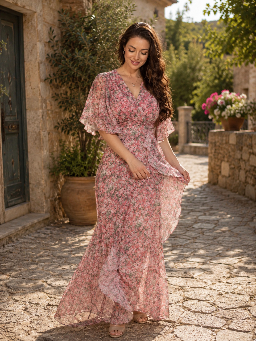 Robe longue florale Camille de Danoir Paris avec manches flottantes et encolure enroulée, porté par un mannequin rouge.