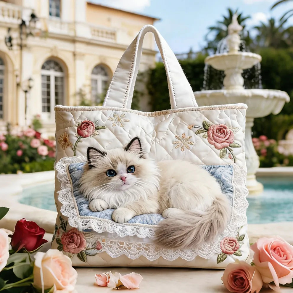 Kit pour chaton jardin de roses avec borsa à épaule Danoir Paris, fait main, en tissu, illustration de chaton et fleurs roses.