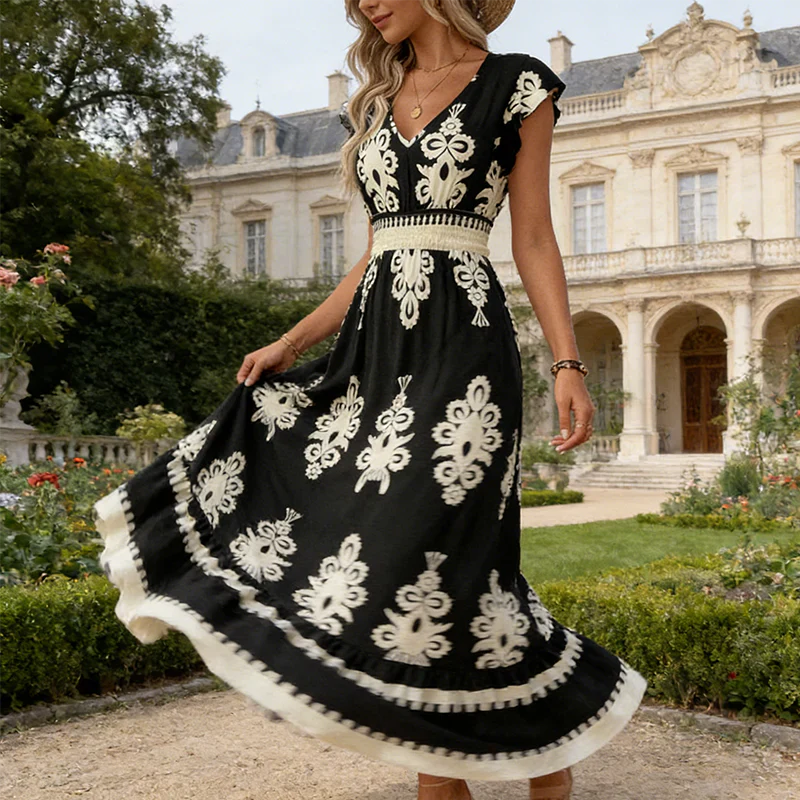 Robe maxi noire Danoir Paris Candela avec motif baroque et décolleté en V, élégante robe longue pour femmes