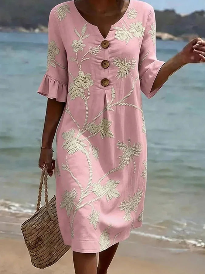 Robe décontractée pour femme Danoir Paris avec imprimé floral rose, tissu léger et coupe confortable pour l'été.