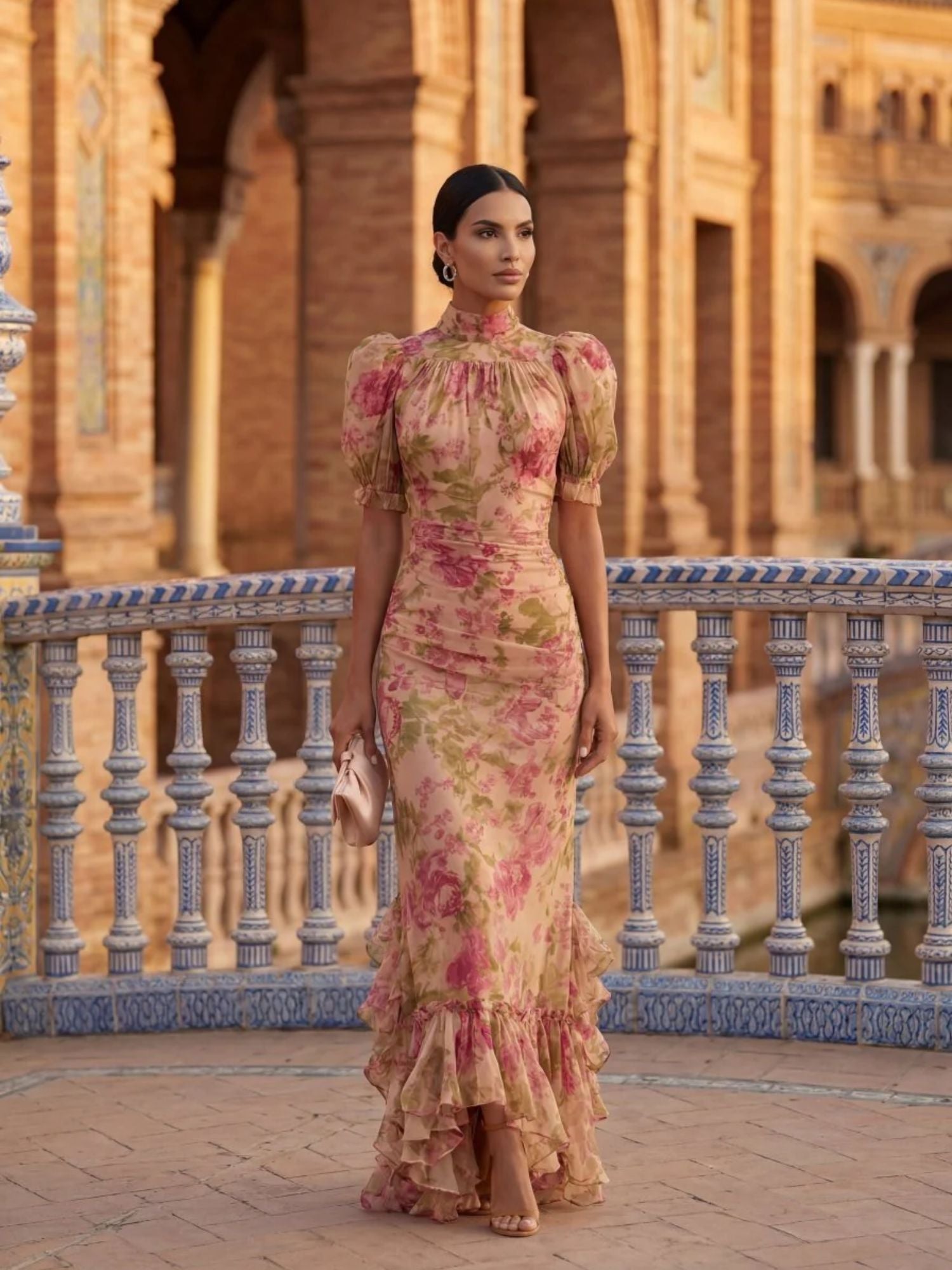 Robe longue Fiora Danoir Paris avec imprimé vintage de roses et manches ballon, style élégant et féminin.