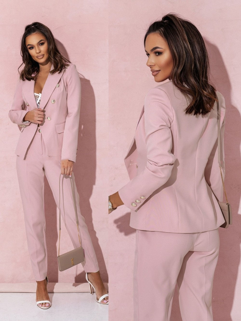 Costume croisé élégant Elvire de Danoir Paris en tissu rose pâle, porté par un mannequin, style sophistiqué et chic.