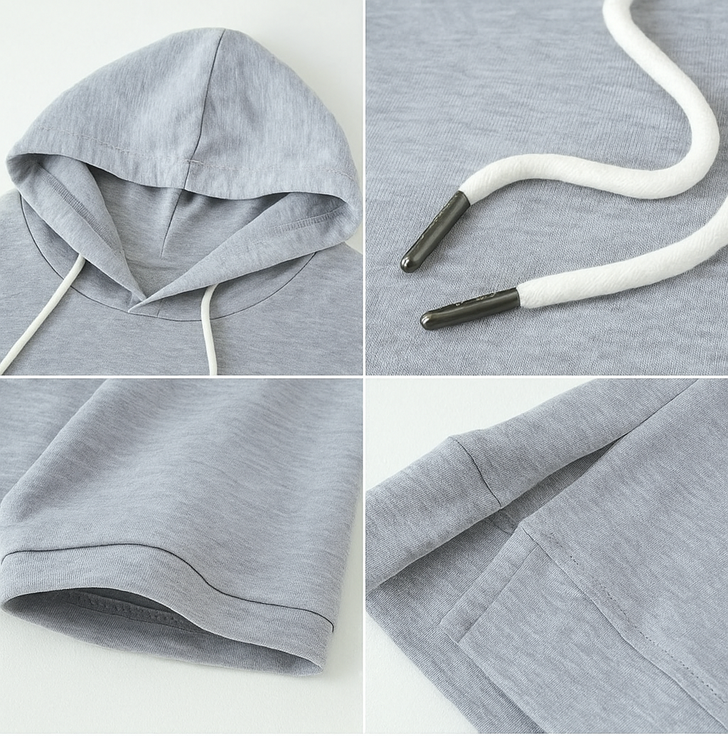 Sweat à capuche à manches courtes Alison par Danoir Paris, rose, en coton doux, porté sur un fond neutre.