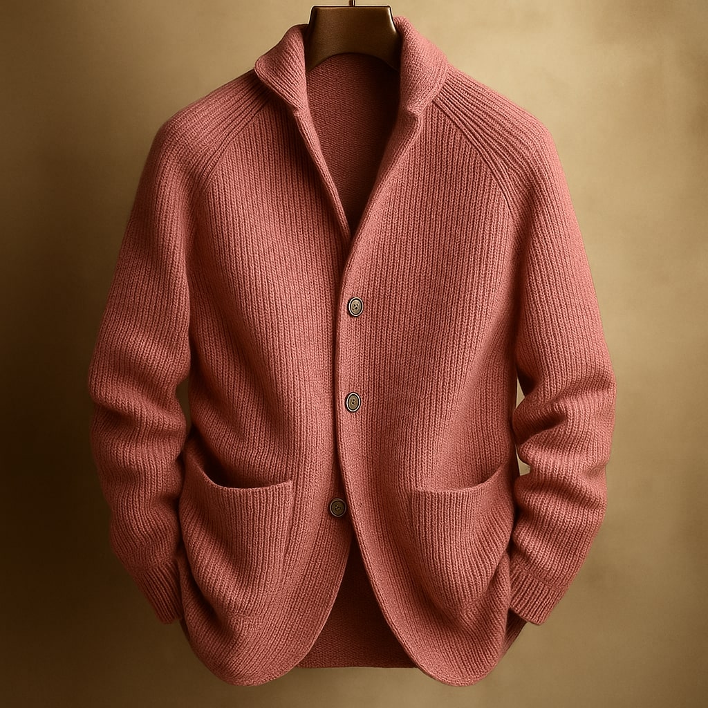 Cardigan pour homme en laine côtelée Danoir Paris, coupe classique, couleur rose, détails en relief, porté sur un mannequin.
