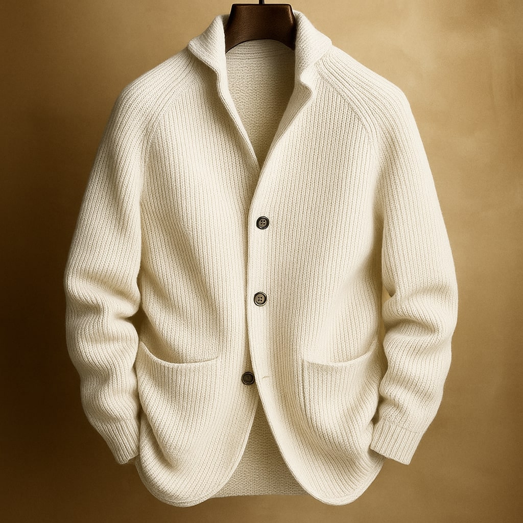 Cardigan pour homme en laine côtelée Danoir Paris™, rose, porté sur mannequin, détails des côtes visibles.
