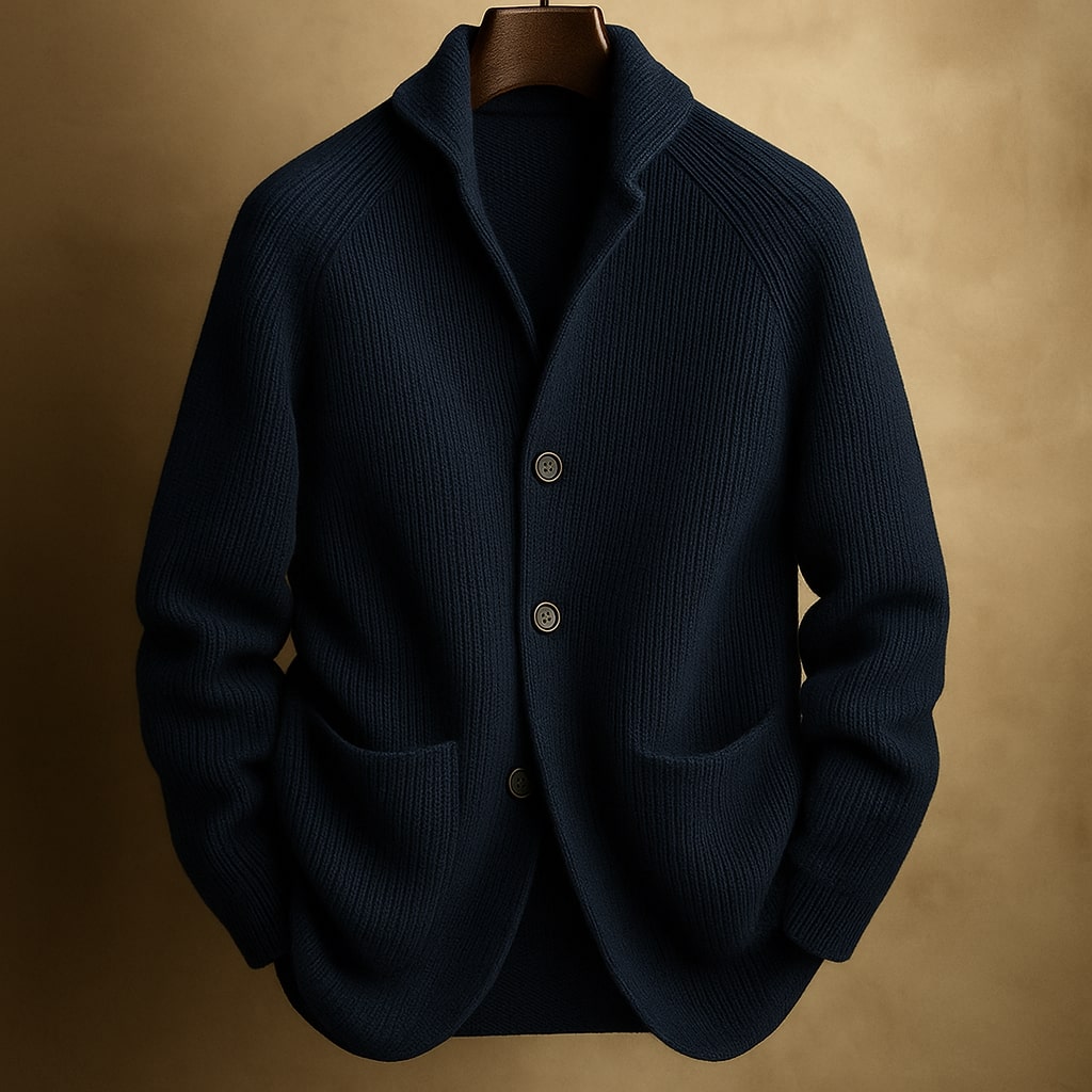 Cardigan pour homme Danoir Paris en laine côtelée rose, coupe classique et détails texturés visibles sur l'image.