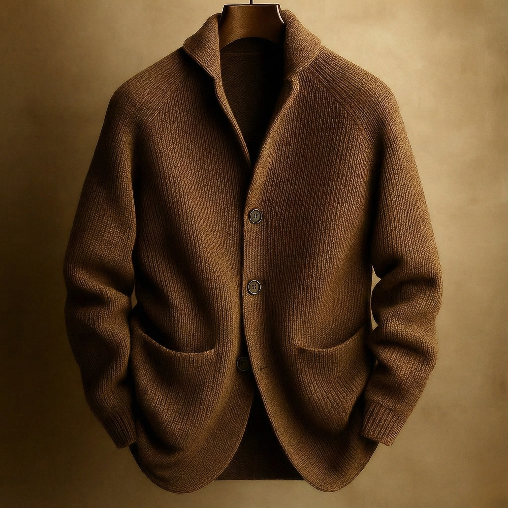 Cardigan pour homme en laine côtelée Danoir Paris, détail en maille rose, col en V et coupe classique.