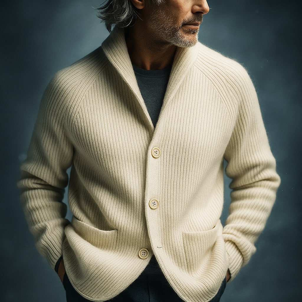 Cardigan pour homme en laine côtelée Danoir Paris, couleur rose, avec col en V et boutons sur le devant.
