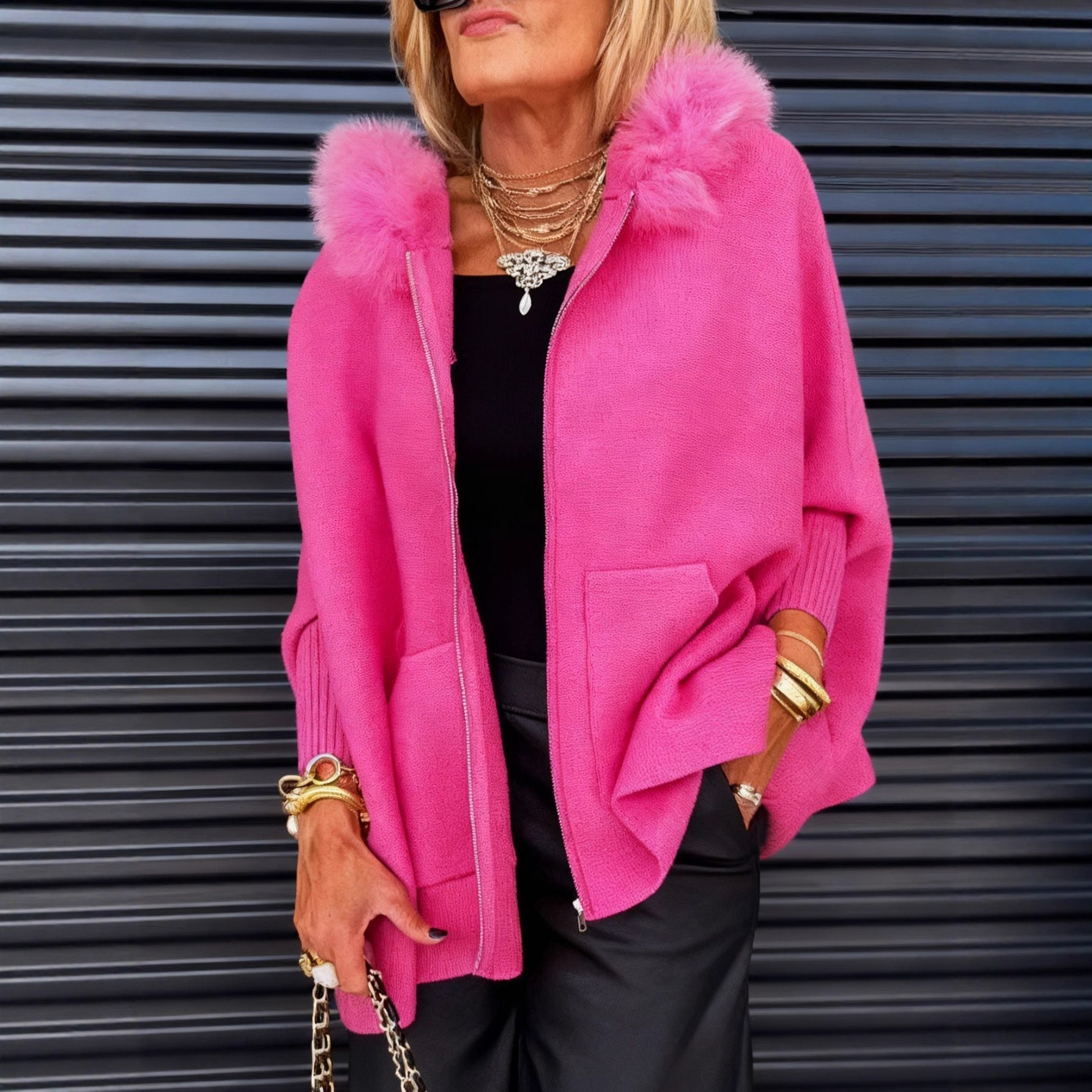 Veste casual à col en fausse fourrure Danoir Paris, uni, rose, taille 34-36, élégante et confortable, pour un style décontracté.