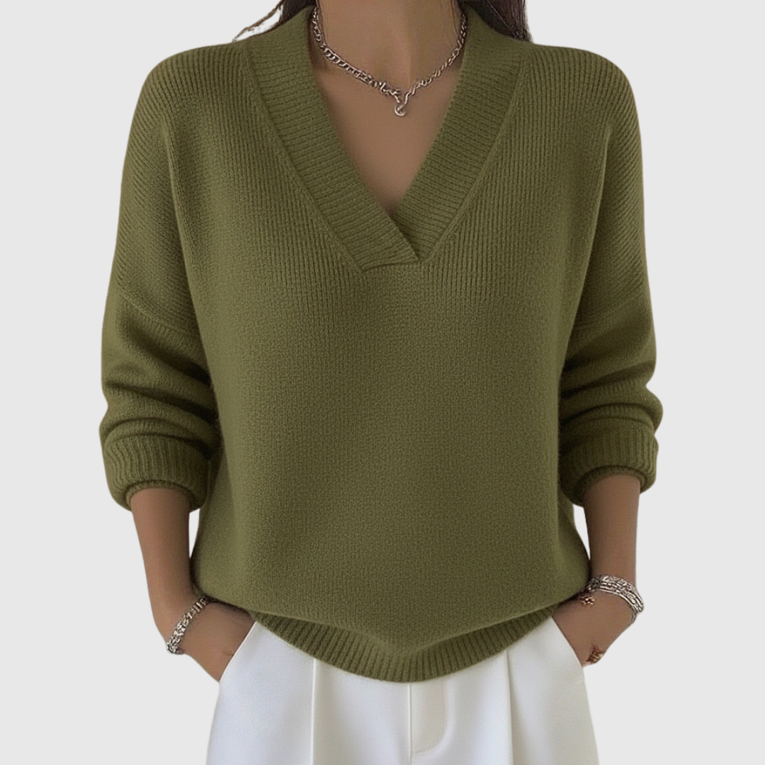Pull décontracté Faye en V doux de Danoir Paris, coupe confortable, en rose, idéal pour un look casual et cosy.