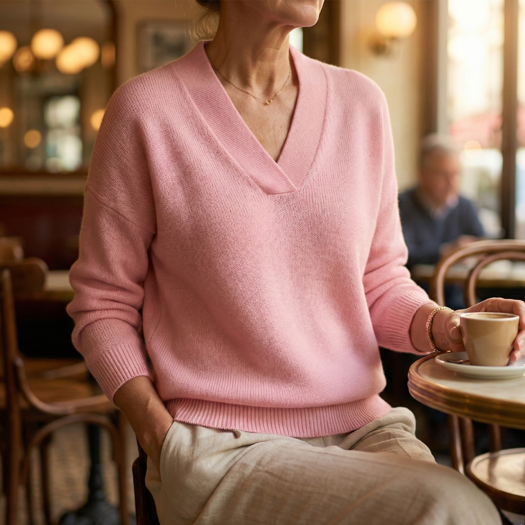Pull à col V doux Danoir Paris Faye, coupe décontractée, en tissu confortable rose, idéal pour un style casual et élégant.