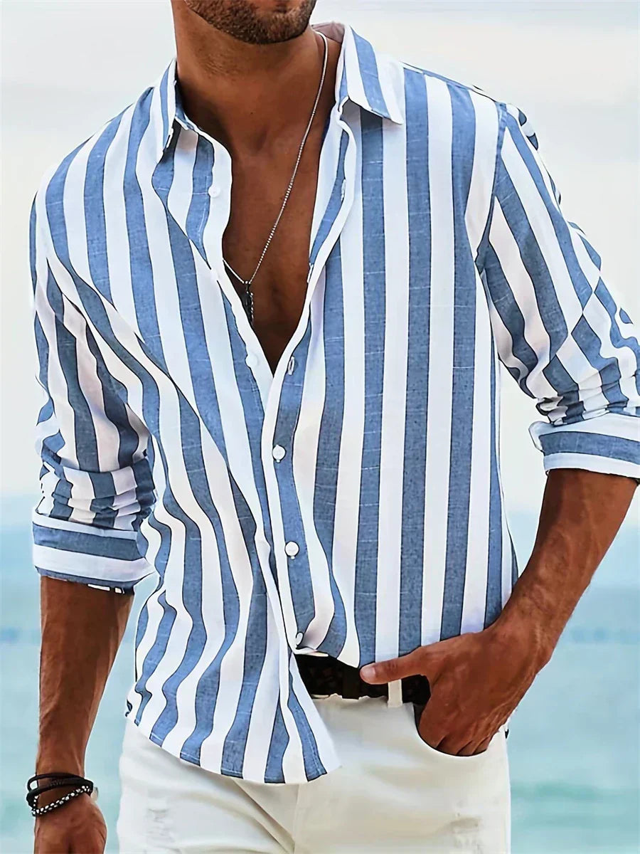 Chemise rayée légère d'été Leblanc™ de Danoir Paris, tissu fluide rose et blanc, parfaite pour un look estival décontracté.