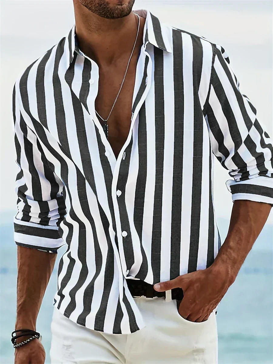 Chemise rayée légère d'été Leblanc™ de Danoir Paris, tissu fluide rose avec col et manches courtes, style décontracté.