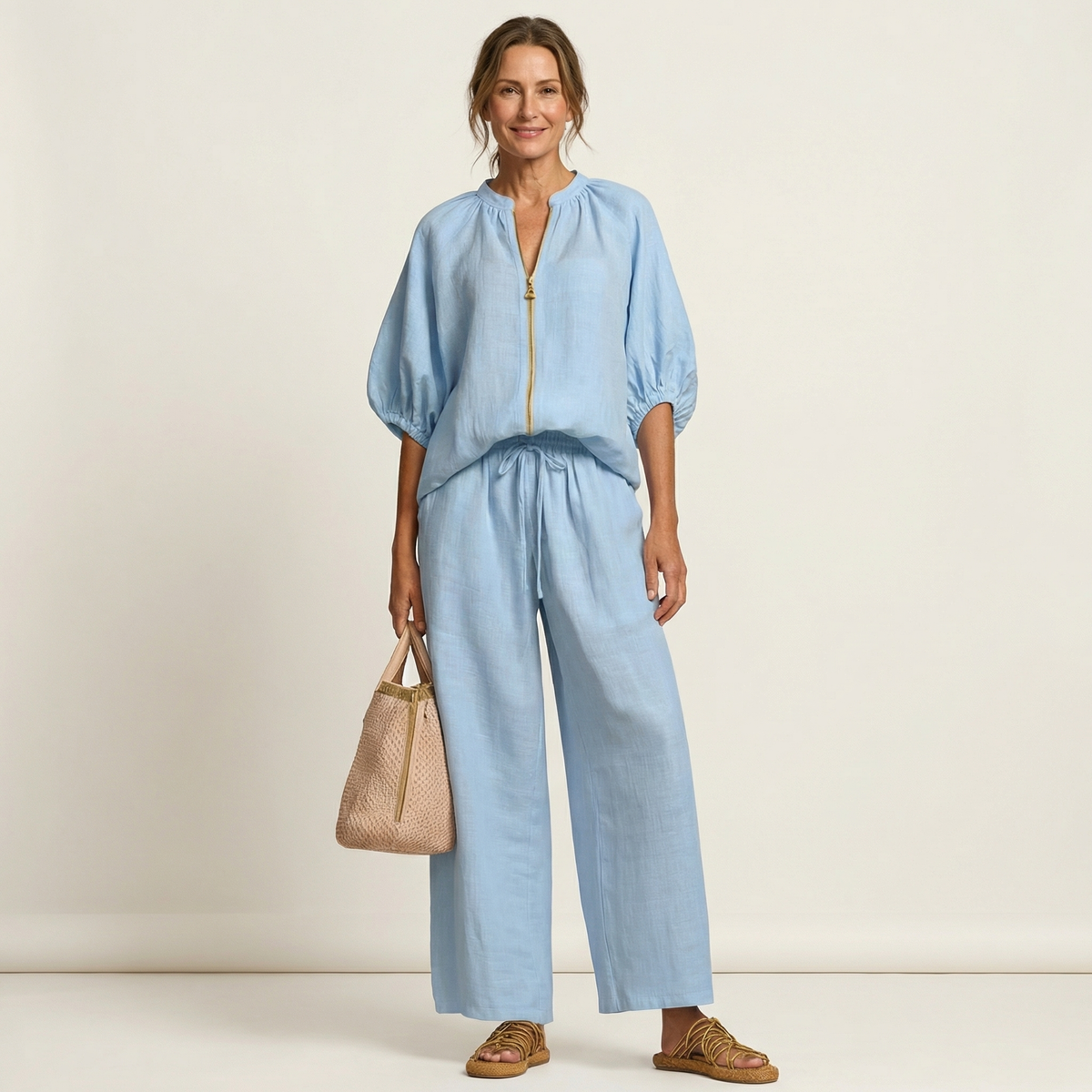 Ensemble à manches bouffantes avec zip Danoir Paris Marlowe, rose, taille S, vêtement élégant pour femme.