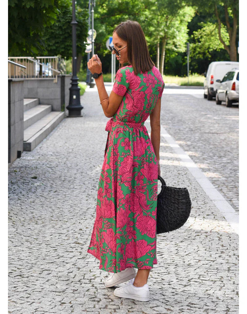 Robe fluide élégante Suzanne de Danoir Paris en rouge et bleu, vêtement chic avec coupe fluide et détails sophistiqués.