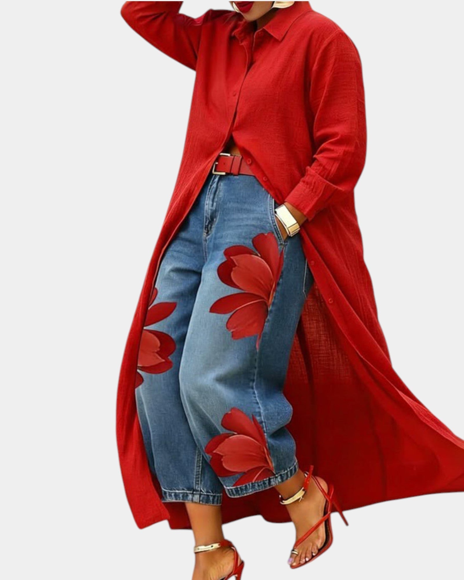 Ensemble robe et pantalon en jean large Céliane de Danoir Paris, rouge, taille 38-40, vêtement décontracté et tendance.