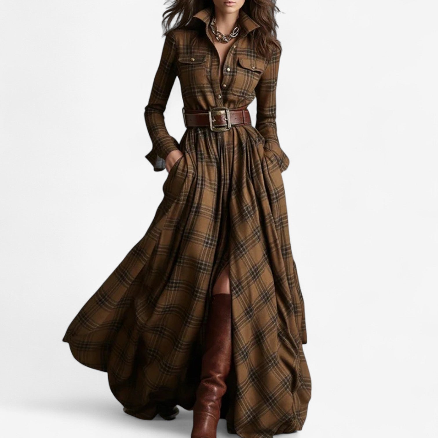Maxi à carreaux intemporel Danoir Paris en rouge, vue de face, tissu doux et motif classique, parfait pour l'hiver.
