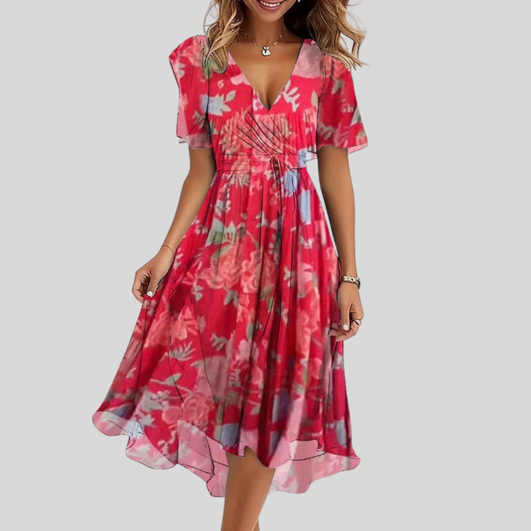 Robe d’été élégante Naomie de Danoir Paris en tissu rouge, avec un style fluide et sophistiqué, portée sur mannequin.
