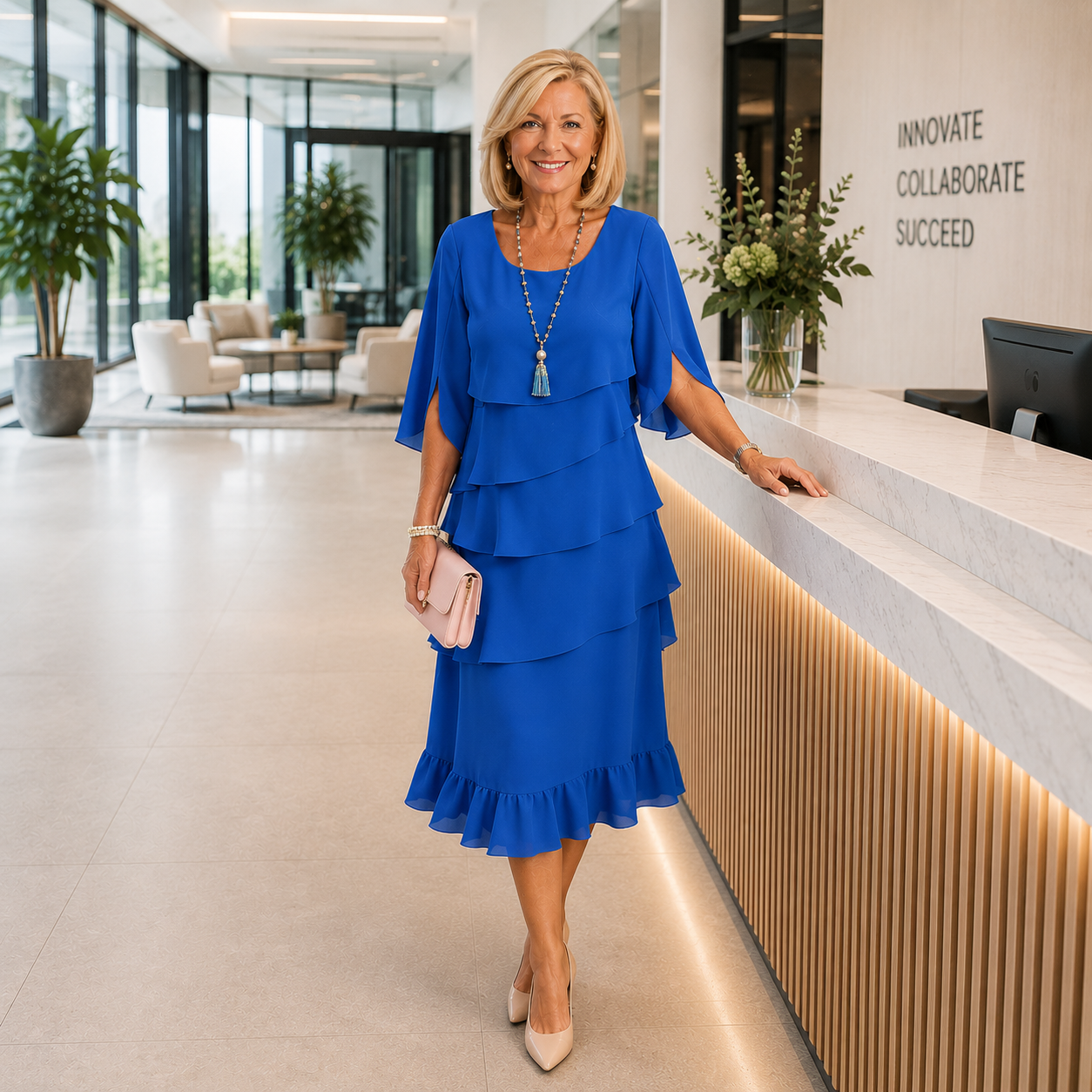 Robe midi à couches en bleu royal Brent par Danoir Paris, vue de face, détails des couches superposées et tissu fluide