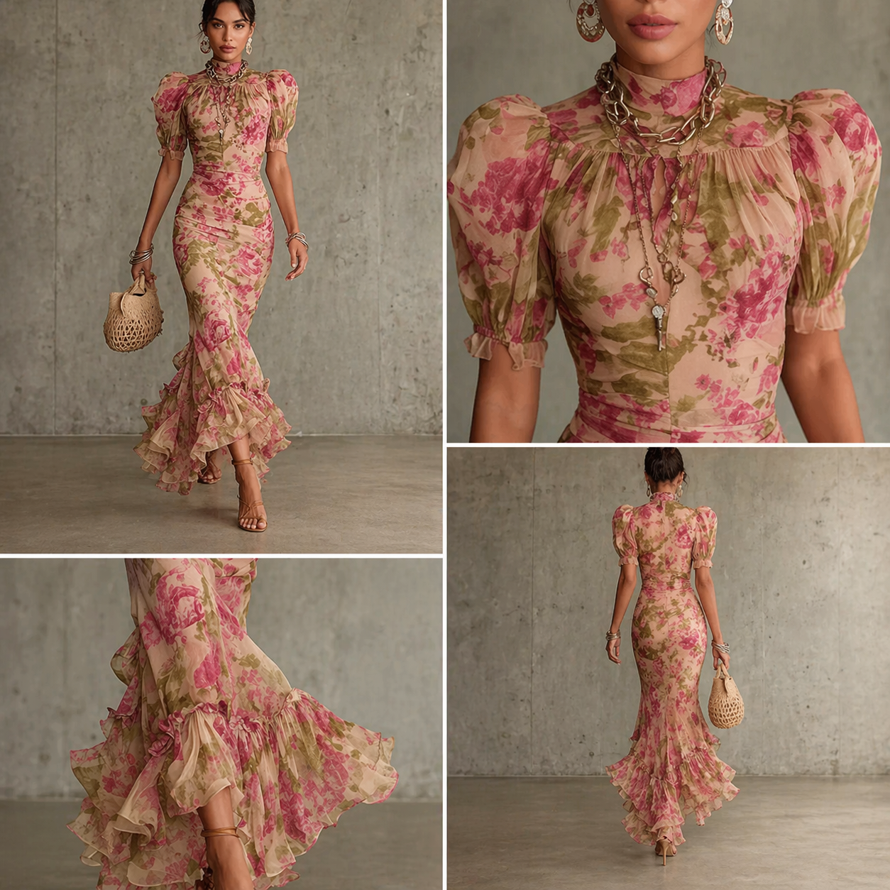 Robe longue maxi rose Danoir Paris, style élégant, en tissu léger, visible avec détails floraux et coupe fluide.