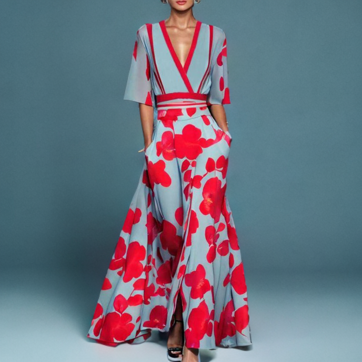 Robe élégante sans manches Alicia de Danoir Paris, tissu fluide et coupe sophistiquée, portée pour une occasion spéciale.
