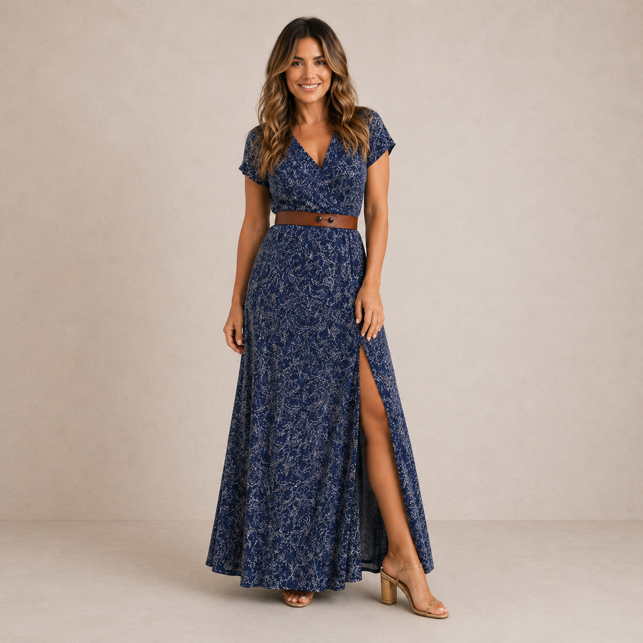 Robe longue maxi SARISA de Danoir Paris en tissu beige, élégante et fluide, portée en plein jour ou pour une occasion spéciale.