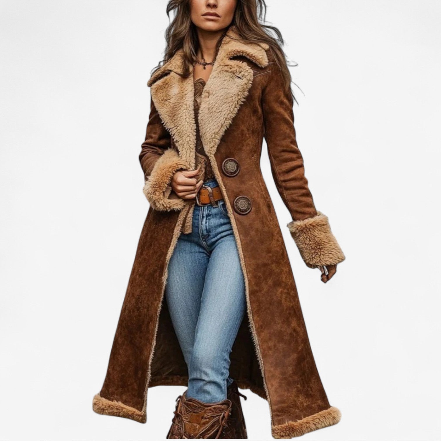 Manteau en fourrure douce Danoir Paris, style élégant, avec col chaud et finition sophistiquée, porté par un mannequin.