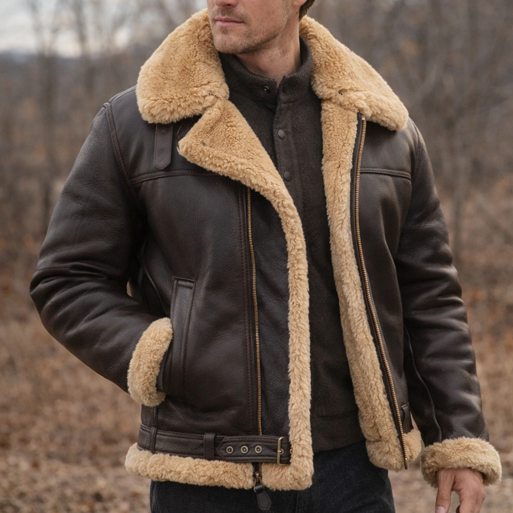 Veste aviateur en cuir d’agneau premium Danoir Paris avec doublure teddy, style classique et finition élégante.