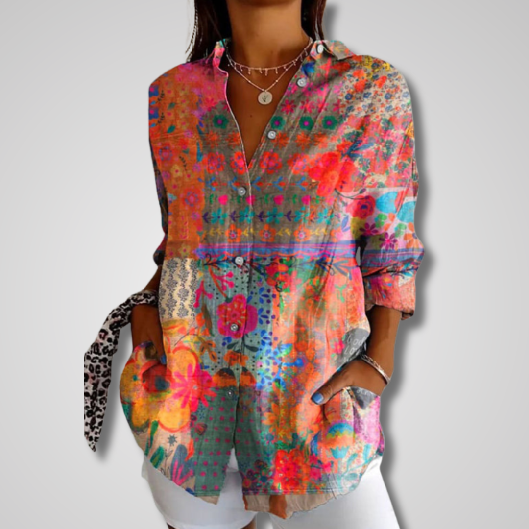 Blouse vintage élégante Danoir Paris Melle en tissu orange avec détails sophistiqués, portée décontractée et chic.
