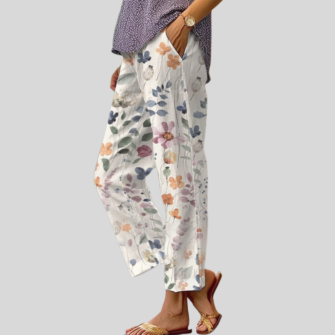 Pantalons casual quotidiens Danoir Paris en tissu léger, couleur neutre, vue de face sur mannequin, style décontracté.