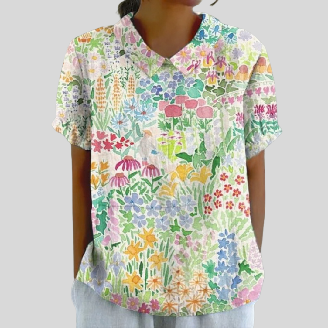 Blouse Solène Danoir Paris à motif jardin coloré, manches longues et coupe fluide, idéale pour un style bohème.