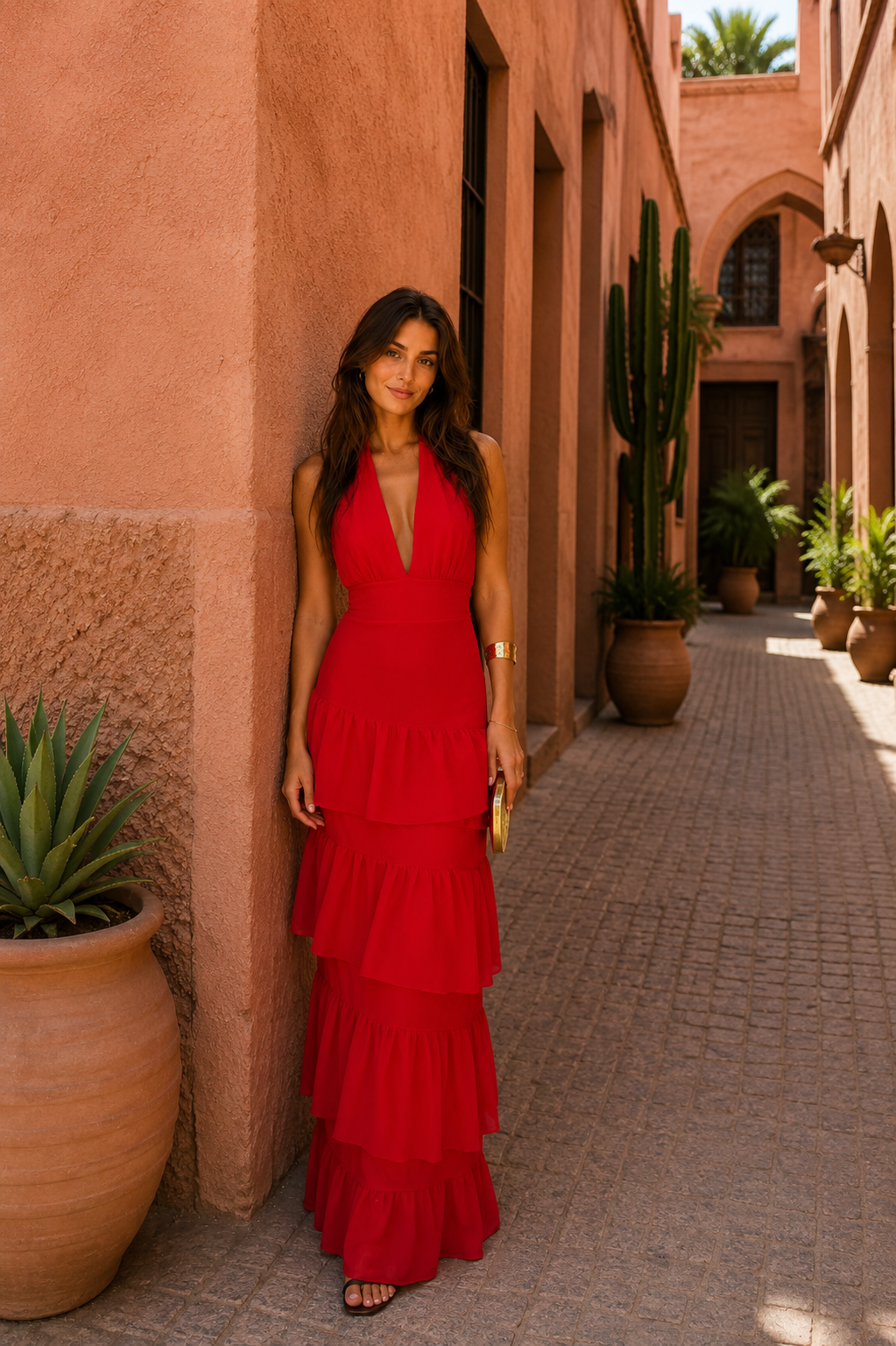 Robe rouge Manila de Danoir Paris, élégante vêtement en tissu fluide, portée avec style et sophistication.