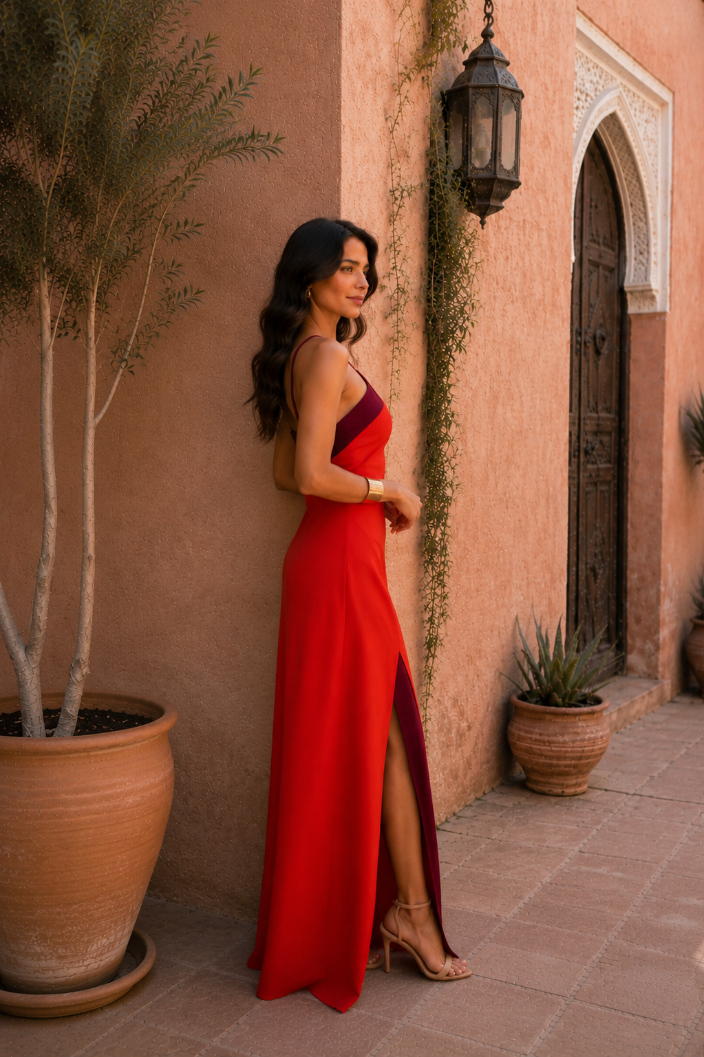 Robe rouge Oasis de Danoir Paris à coupe élégante, portée sur mannequin, tissu fluide et détails sophistiqués.