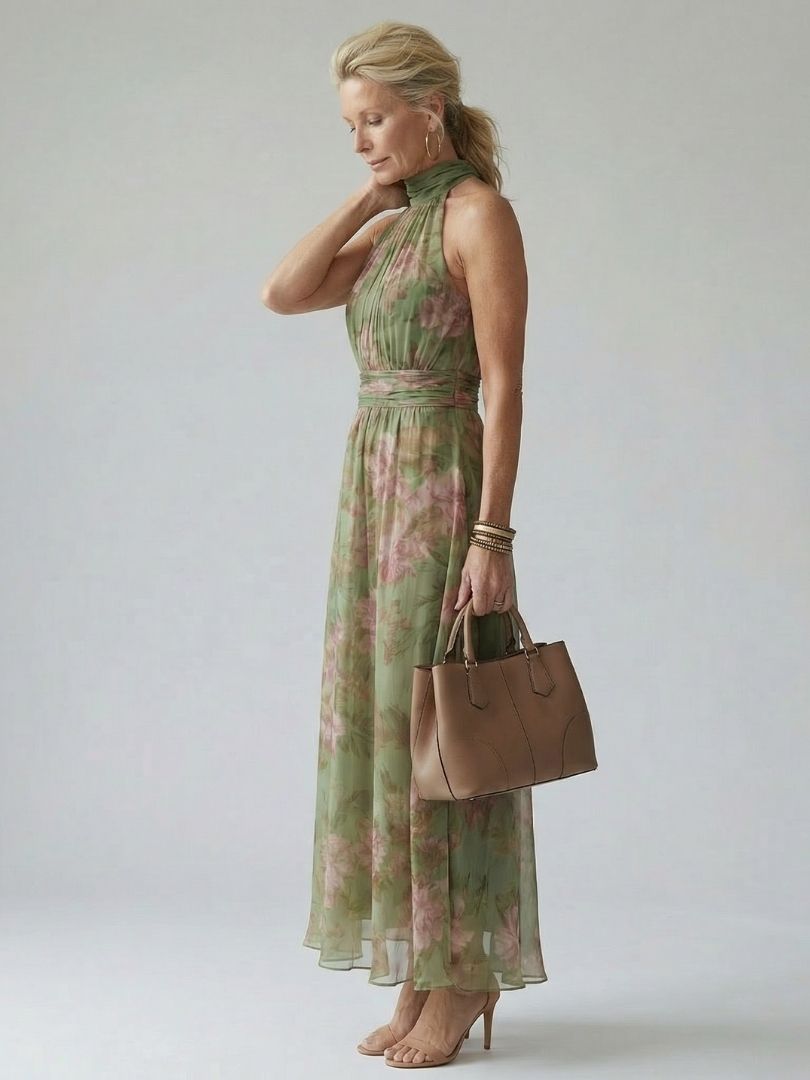 Robe midi à col halter Danoir Paris Mirelle, en vert sauge avec plis froncés, vue de face sur mannequin.